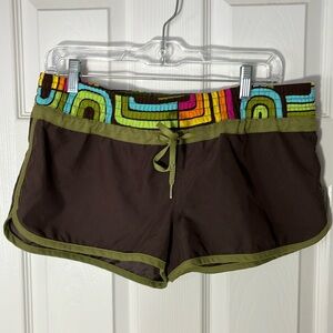 Roxy Y2K swim board shorts brown green multi color logo button back pocket sz9